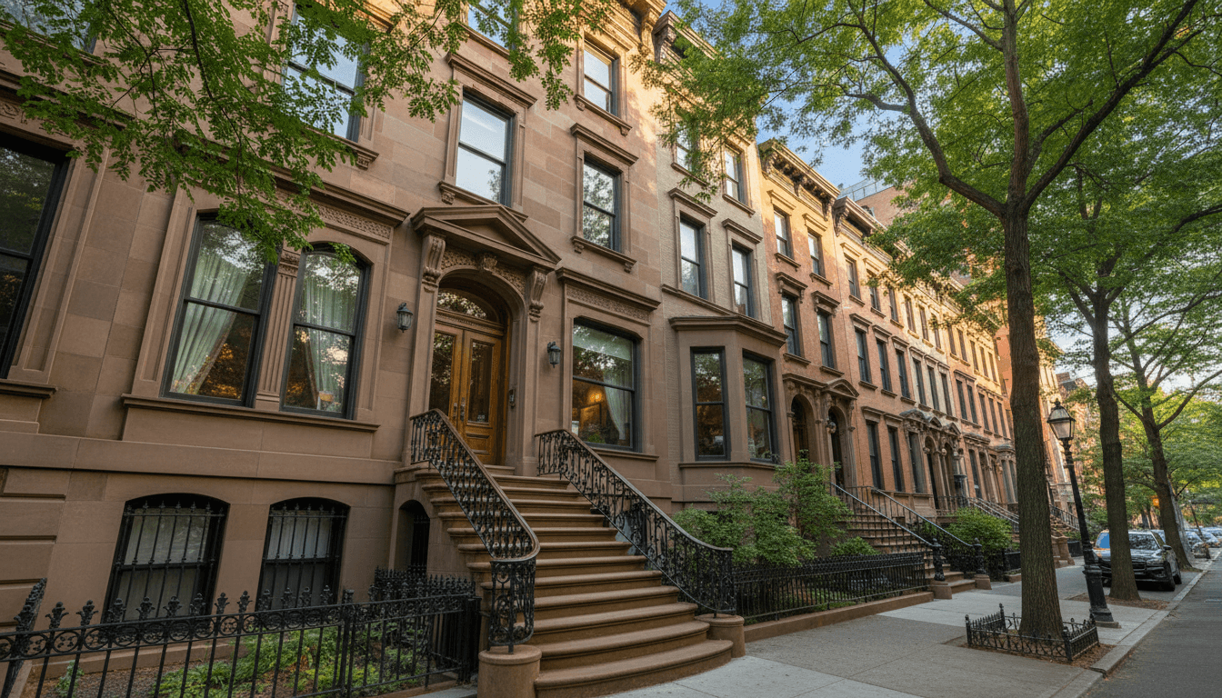 New York City brownstone illuminated by warm afternoon light