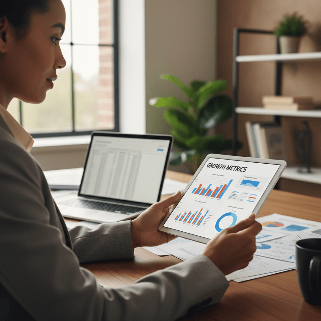 Business owner reviewing funding documents in a modern office