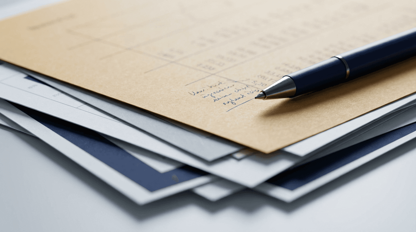 Hand holding pen over financial documents on a desk