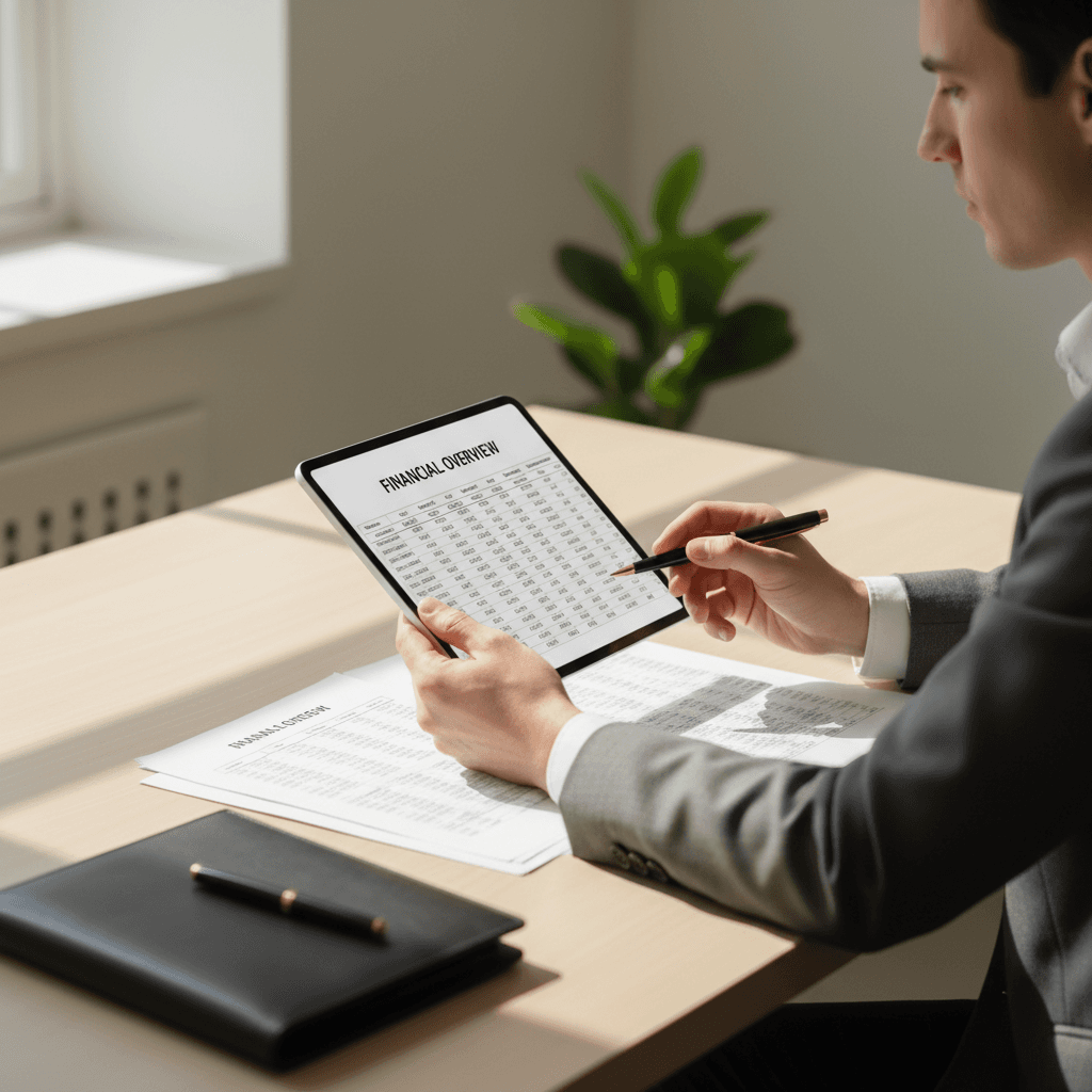 Business owner reviewing digital documents on a tablet at a desk