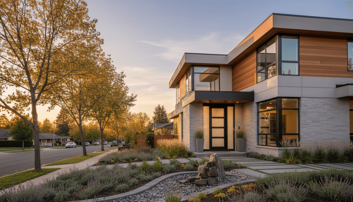 Modern residential home exterior at dusk with warm lights glowing