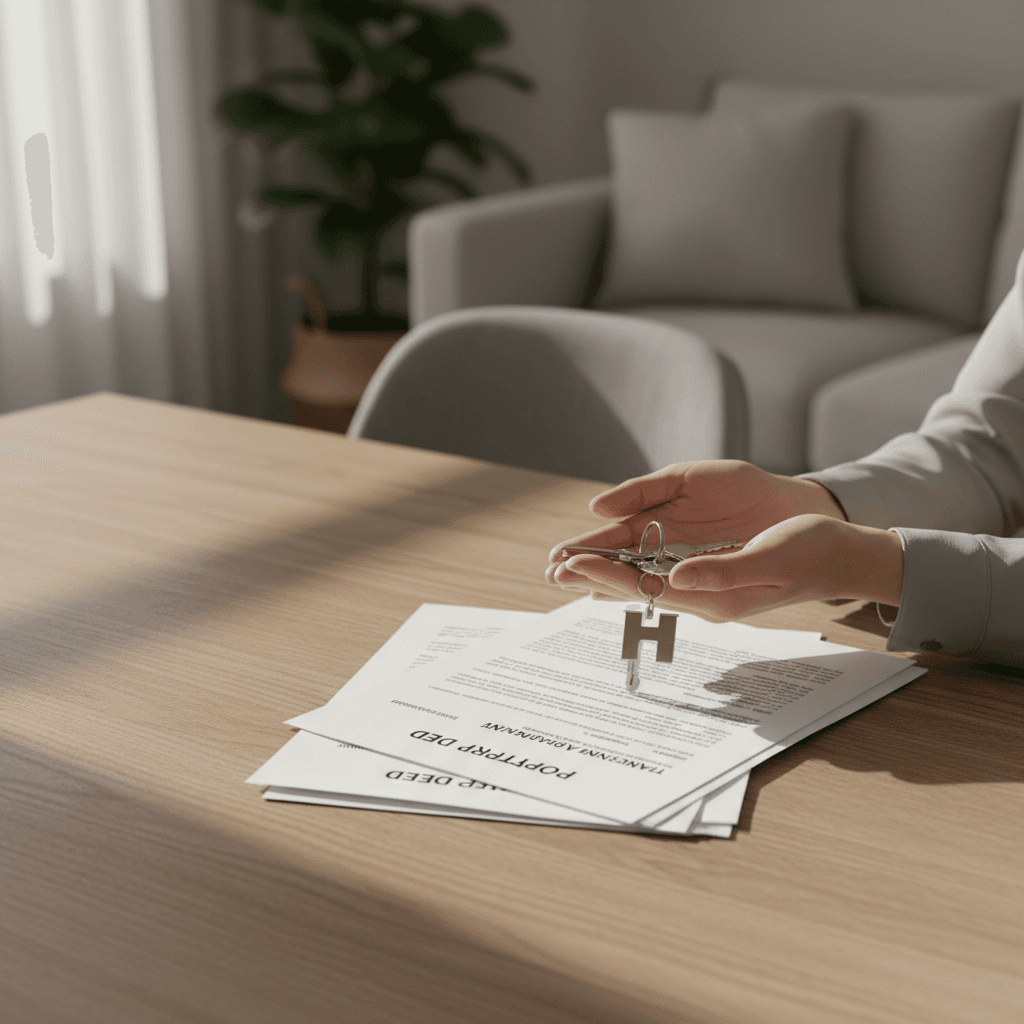 Homeowner holding property keys and deed